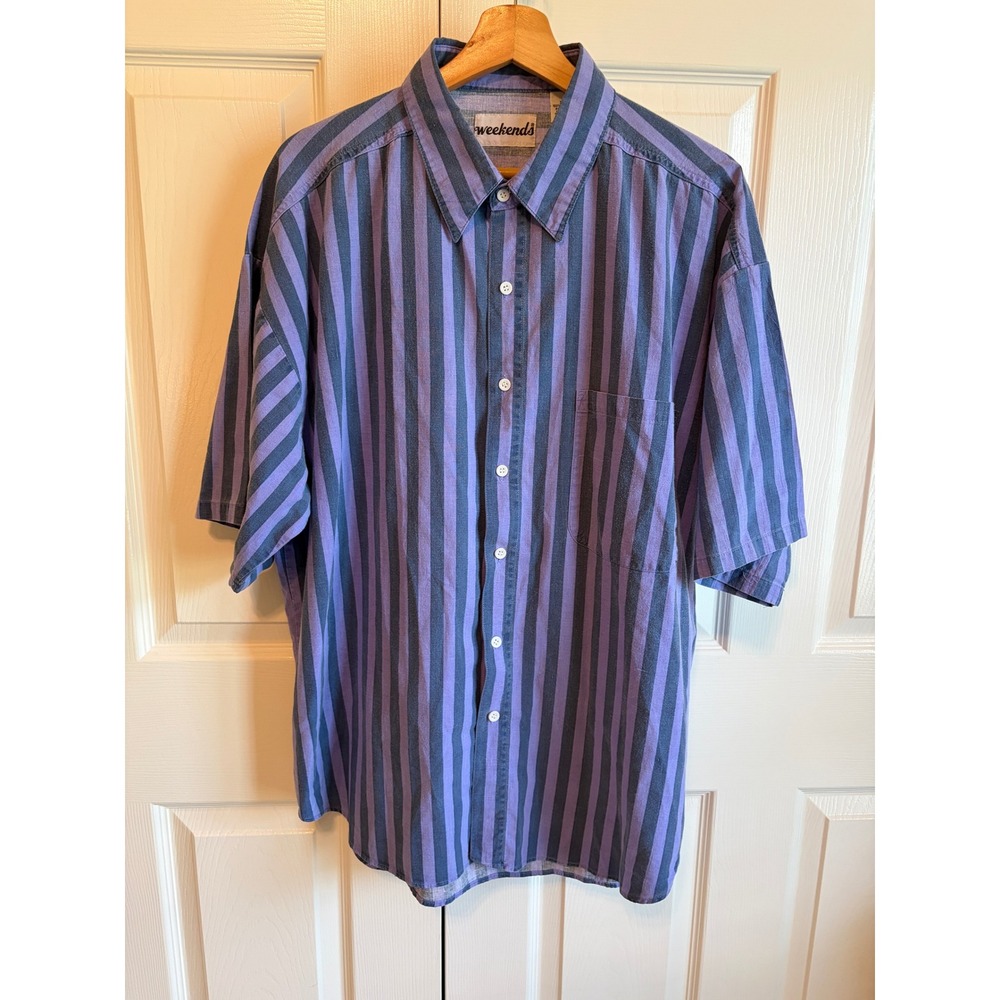 Vintage 90s Weekends Mens XL Striped Cotton Short Sleeve Button Down Shirt